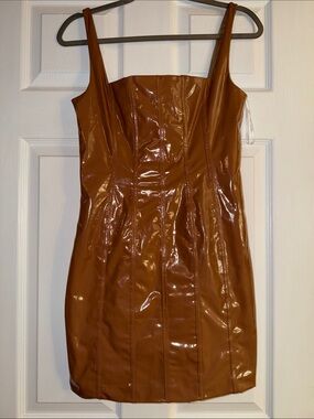 Hello Molly Shiny Faux Leather Mini Dress in Caramel Brown